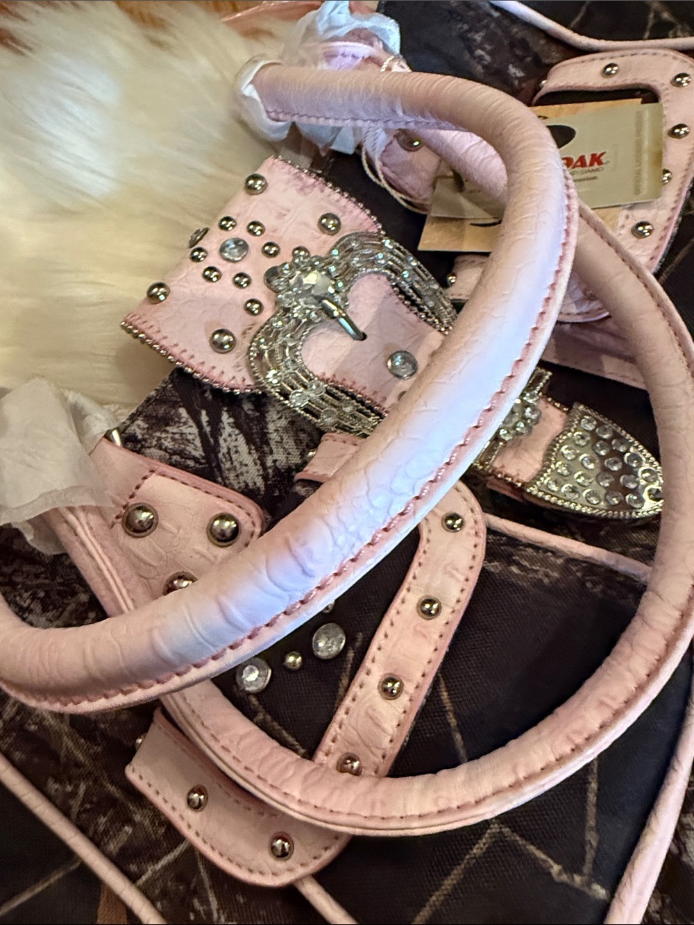 Mossy Oak Camo Satchel with Pink Trim and Stud Accents - Picture 2 of 7